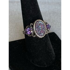 Vintage 925 Sterling Silver Druzy Purple Gemstone Ring Size 8 Estate Jewelry